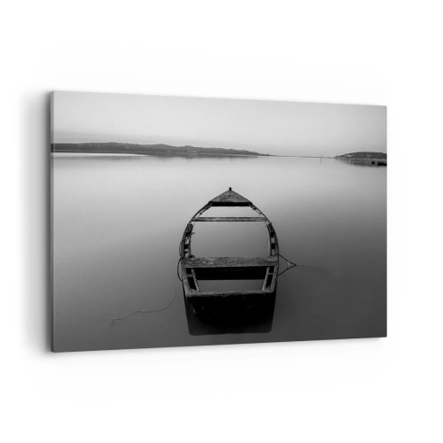 Impression sur toile - Image sur toile - Un bateau solitaire sur un lac calme dans des tons de noir et blanc - 120x80cm - Nostalgie et mélancolie - Décoration murale moderne pour le salon et la chambre ARTTOR