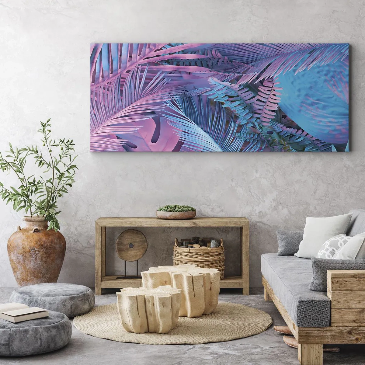 Impression sur toile - Image sur toile - Les tropiques en rose et bleu - 100x40 cm
