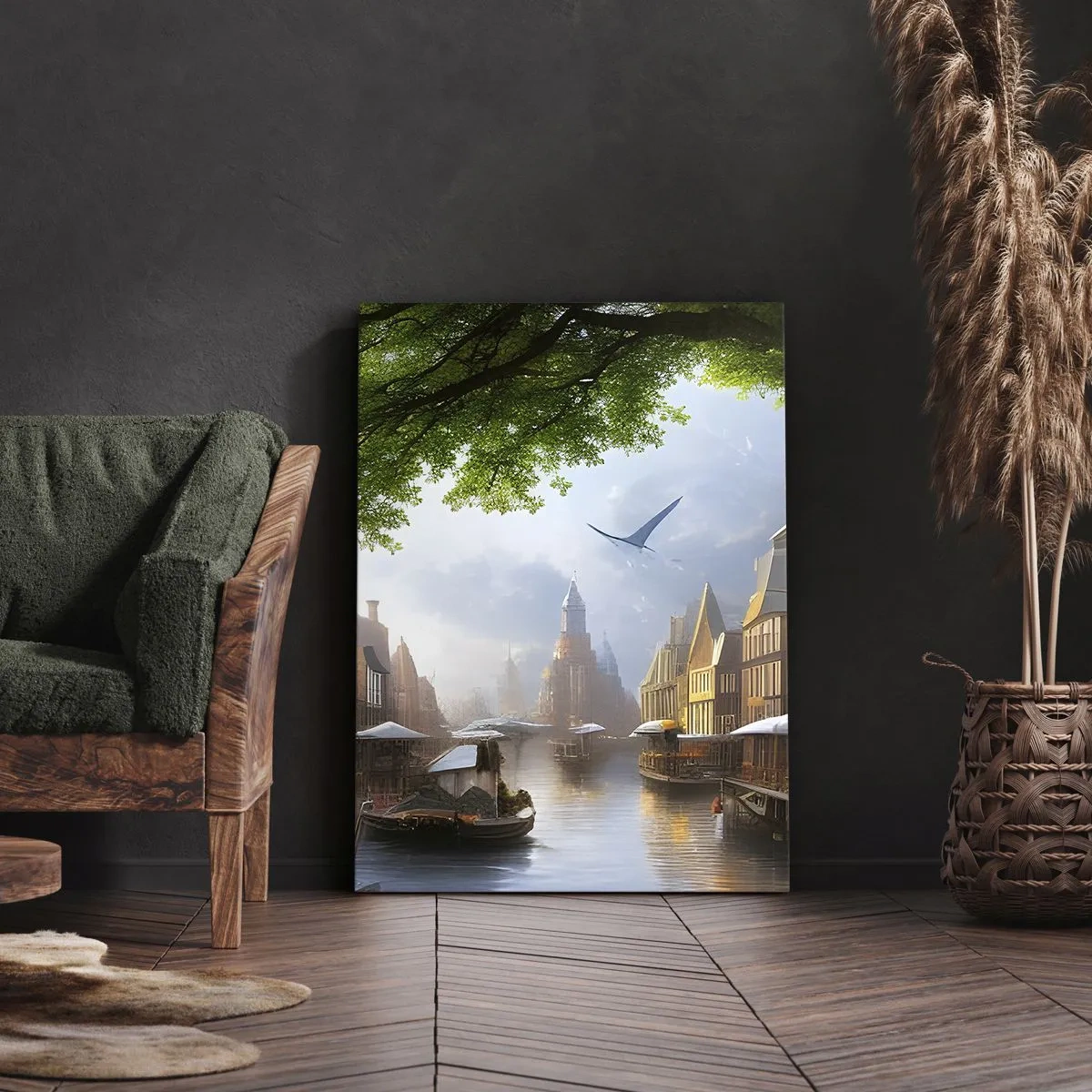 Impression sur toile - Image sur toile - Un paysage hollandais pittoresque avec un canal et des maisons de rapport - 70x100cm - Paysage urbain néerlandais - Décoration murale moderne pour le salon et la chambre ARTTOR