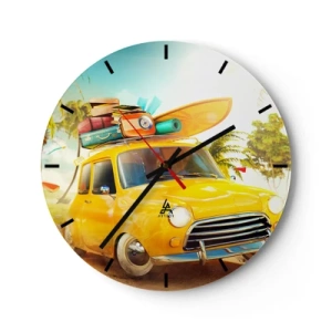Horloge murale - Pendule murale - Une voiture jaune avec des bagages et une planche de surf - 30x30cm - Un voyage pour plus d'un sourire - Décoration murale moderne pour le salon, la cuisine et la chambre ARTTOR