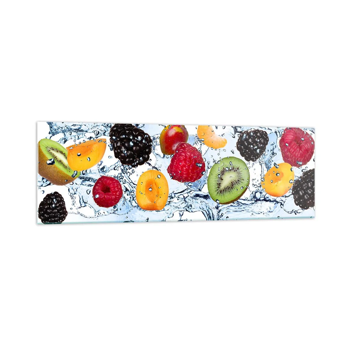 Impression sur verre - Image sur verre - Fruits colorés immergés dans des éclaboussures d'eau sur un fond blanc - 160x50cm - Amusez-vous avec nous - Décoration murale moderne pour le salon et la chambre ARTTOR