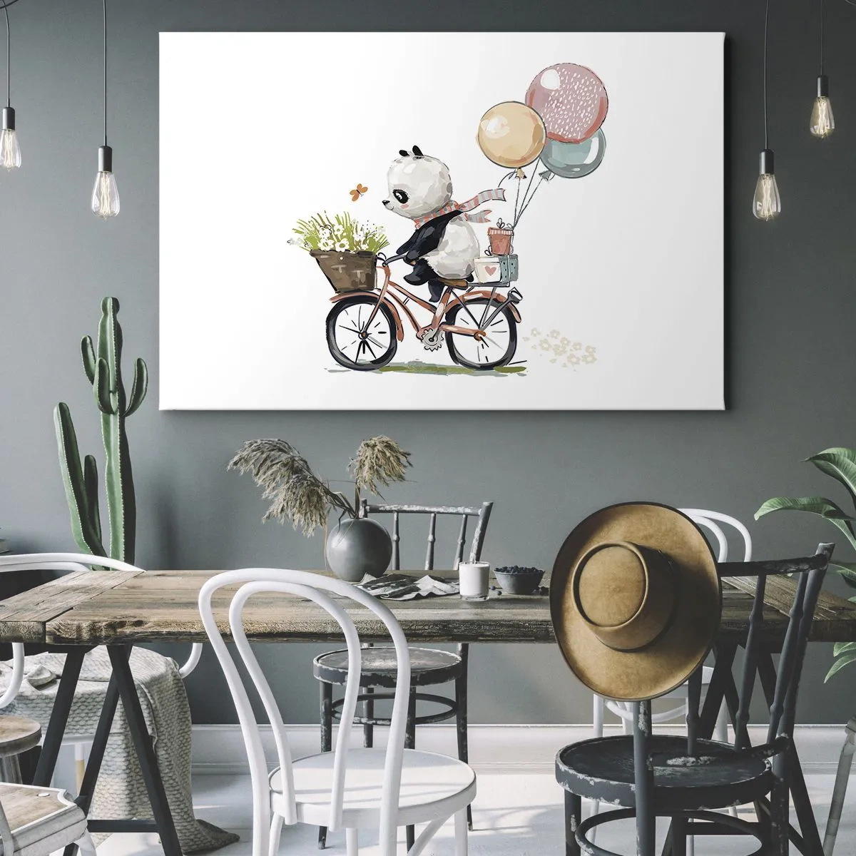 Impression sur toile - Image sur toile - Panda sur un vélo avec des ballons et des fleurs - 120x80cm - Jour de chance - Décoration murale moderne pour le salon et la chambre ARTTOR