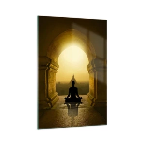 Impression sur verre - Image sur verre - Silhouette d'une personne méditant à la lumière du soleil couchant - 70x100cm - Pleine harmonie - Décoration murale moderne pour le salon et la chambre ARTTOR