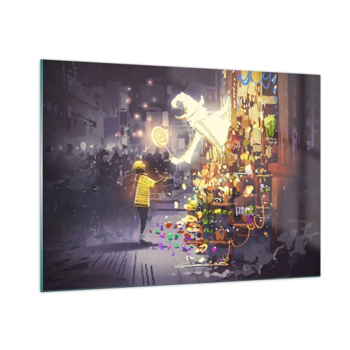 Impression sur verre - Image sur verre - Un enfant en t-shirt léger devant un stand lumineux rempli de bonbons colorés - 100x70cm - La magie existe - Décoration murale moderne pour le salon et la chambre ARTTOR