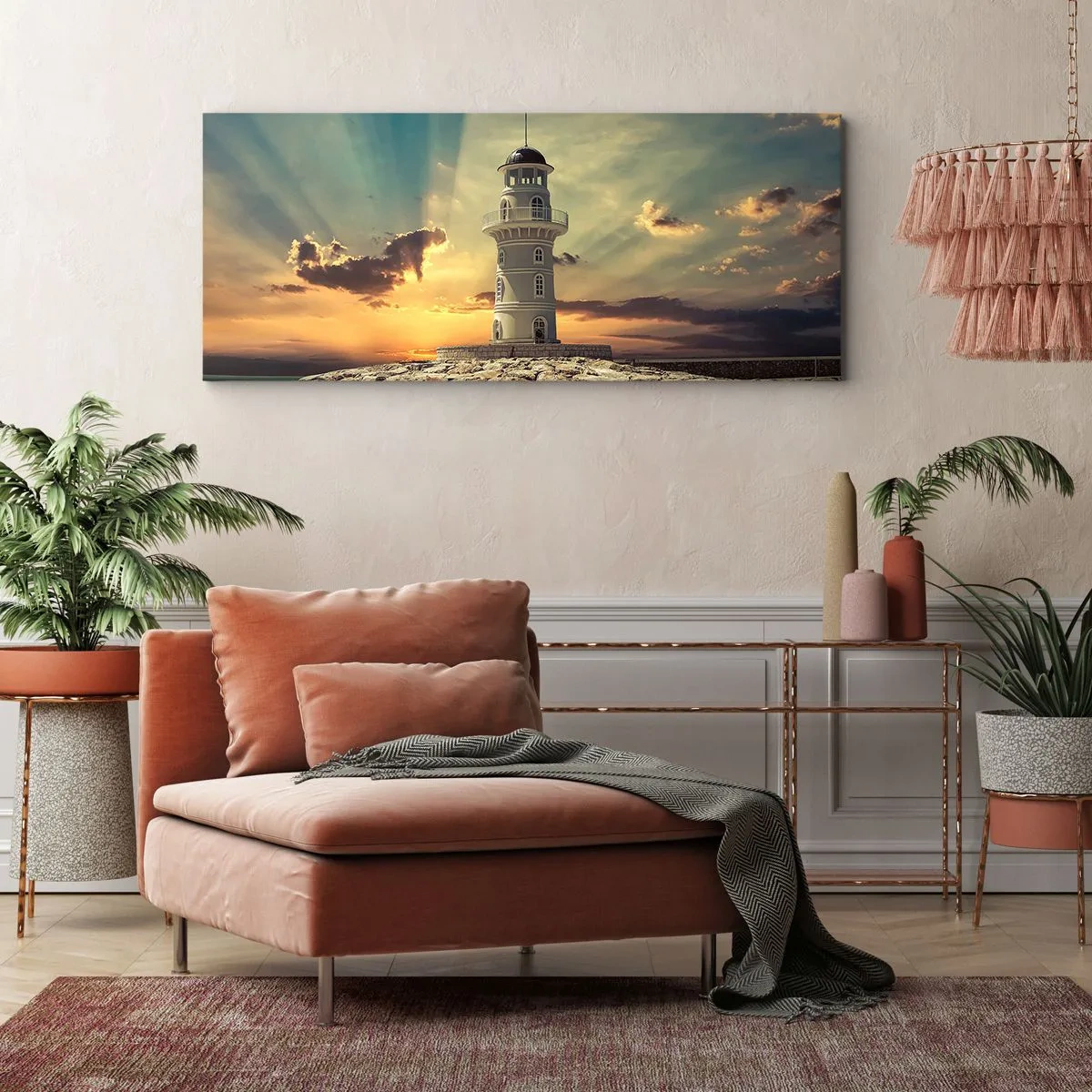 Impression sur toile - Image sur toile - Un phare au coucher du soleil contre le ciel - 160x50cm - Lumière - Bonté - Beauté - Décoration murale moderne pour le salon et la chambre ARTTOR