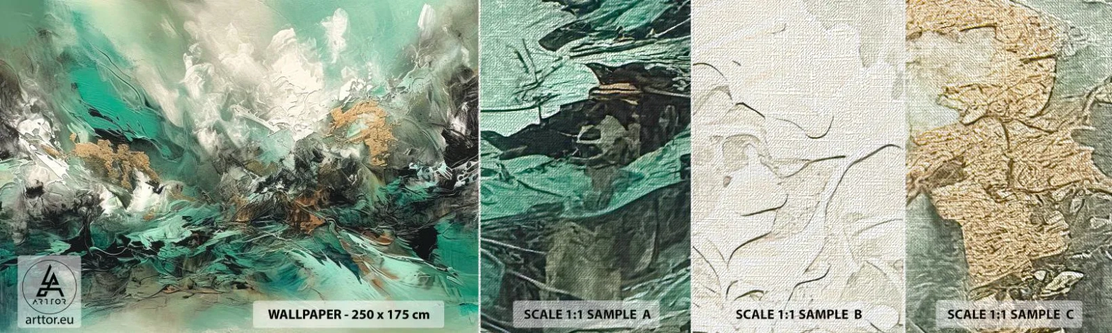 Échantillon de Papier Peint Premium Canvas - Ressac émeraude et noir - Abstraction, Morceau, Peinture - 100x30 cm