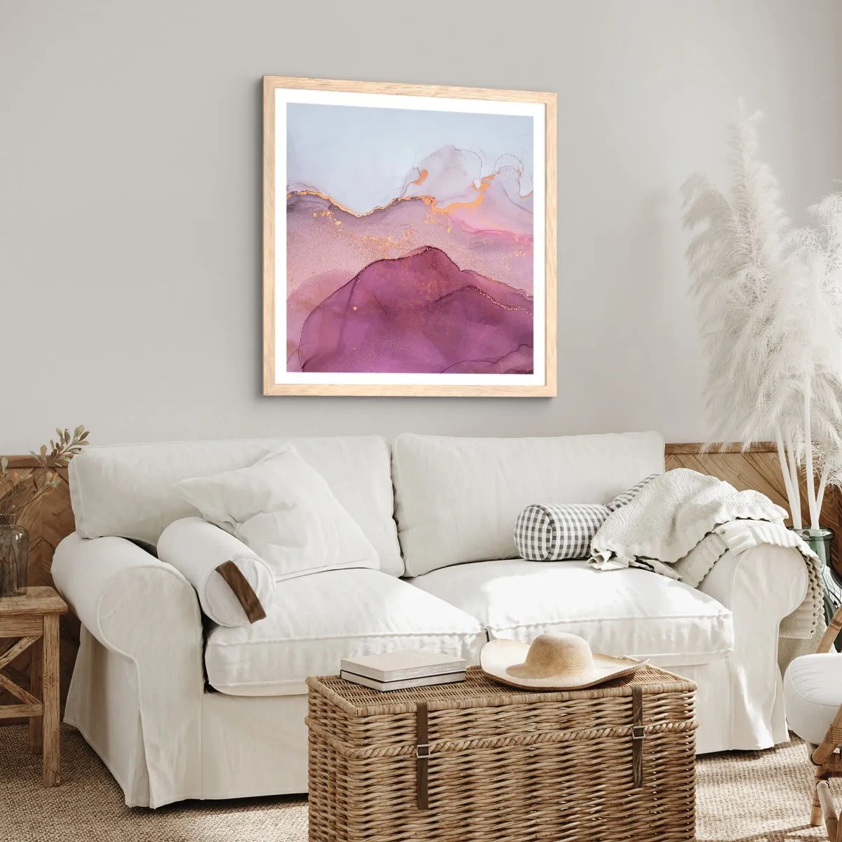 Affiche dans un chêne clair - Poster - Vagues lilas et violettes - 40x40 cm