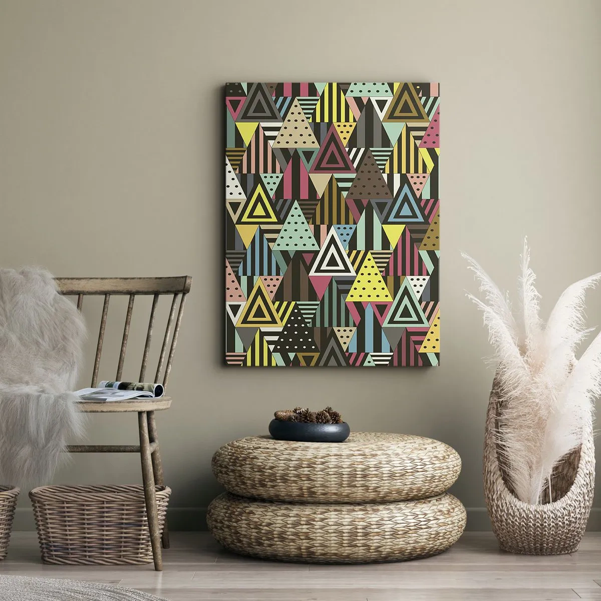 Impression sur toile - Image sur toile - Motif géométrique coloré avec des triangles et des lignes - 80x120cm - En rythme de trois - Décoration murale moderne pour le salon et la chambre ARTTOR
