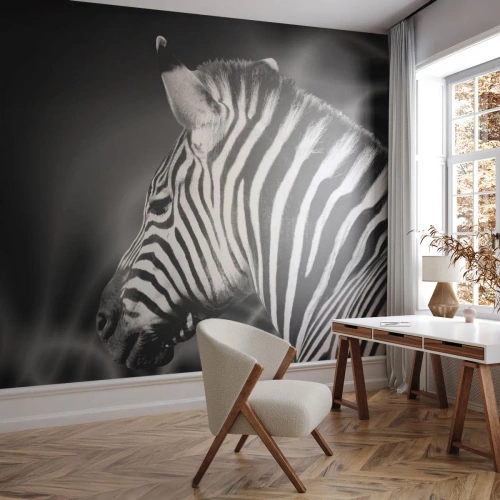 Papier Peint Photo Premium Canvas - Portrait noir et blanc d'un zèbre sur fond de motifs abstraits. - 100x70cm - Blanc c'est blanc et noir c'est noir - Décoration murale moderne pour le salon et la chambre ARTTOR