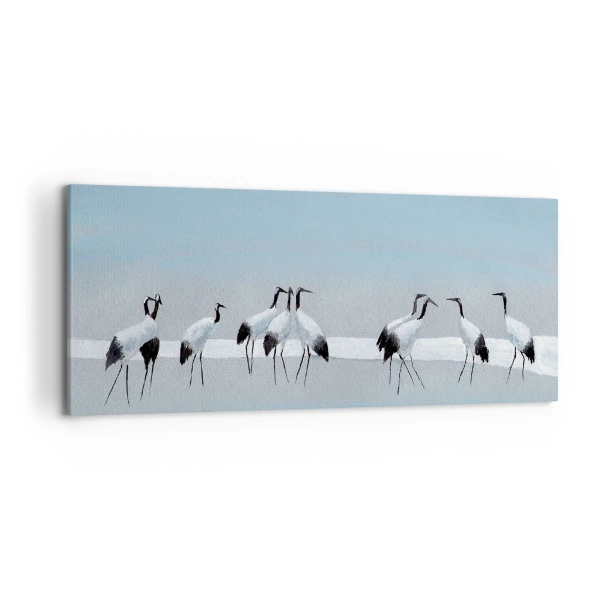 Impression sur toile - Image sur toile - Un groupe de grues contre un ciel bleu et le soleil levant - 120x50cm - Après une chaude journée - Décoration murale moderne pour le salon et la chambre ARTTOR