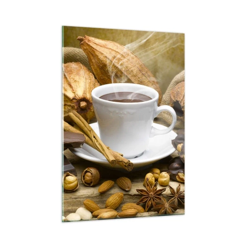 Impression sur verre - Image sur verre - Une tasse de chocolat chaud entourée de chocolat et d'épices - 50x70cm - Pour les amateurs de sensations fortes - Décoration murale moderne pour le salon et la chambre ARTTOR