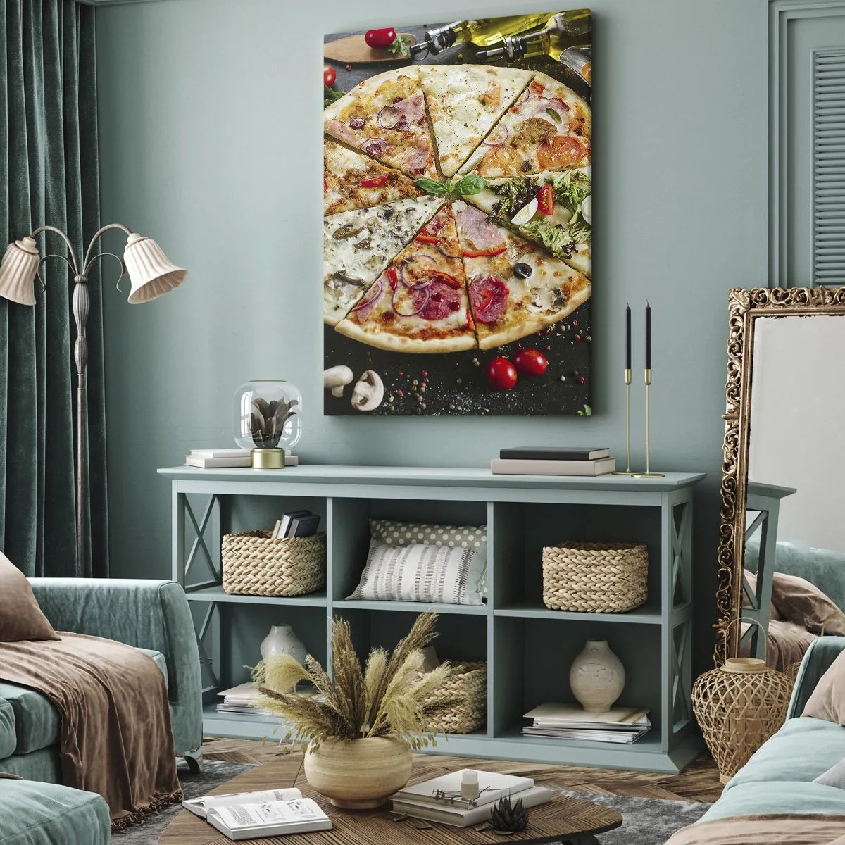 Impression sur toile - Image sur toile - Pizza aux saveurs variées avec un fond de garnitures - 70x100cm - Une gamme de saveurs - Décoration murale moderne pour le salon et la chambre ARTTOR