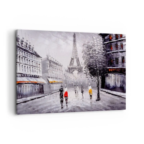 Impression sur toile - Image sur toile - Une vue de la Tour Eiffel dans un décor monochrome avec des touches de couleur - 120x80cm - Balade parisienne - Décoration murale moderne pour le salon et la chambre ARTTOR