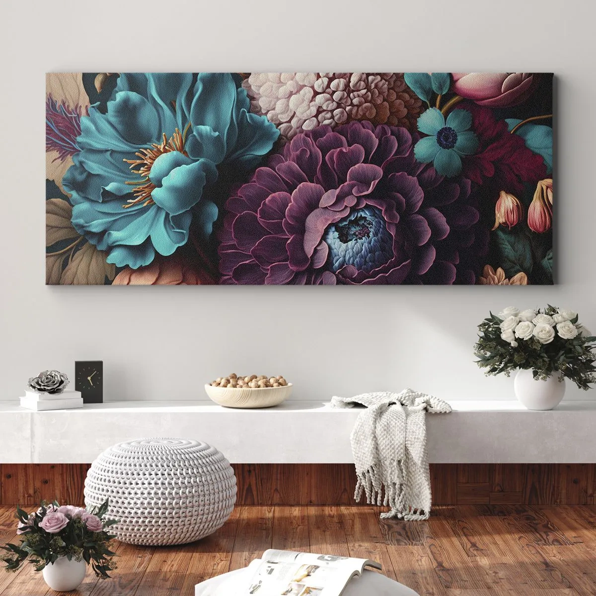 Impression sur toile - Image sur toile - Un bouquet de fleurs aux couleurs intenses sur fond sombre - 140x50cm - La nature en abondance - Décoration murale moderne pour le salon et la chambre ARTTOR