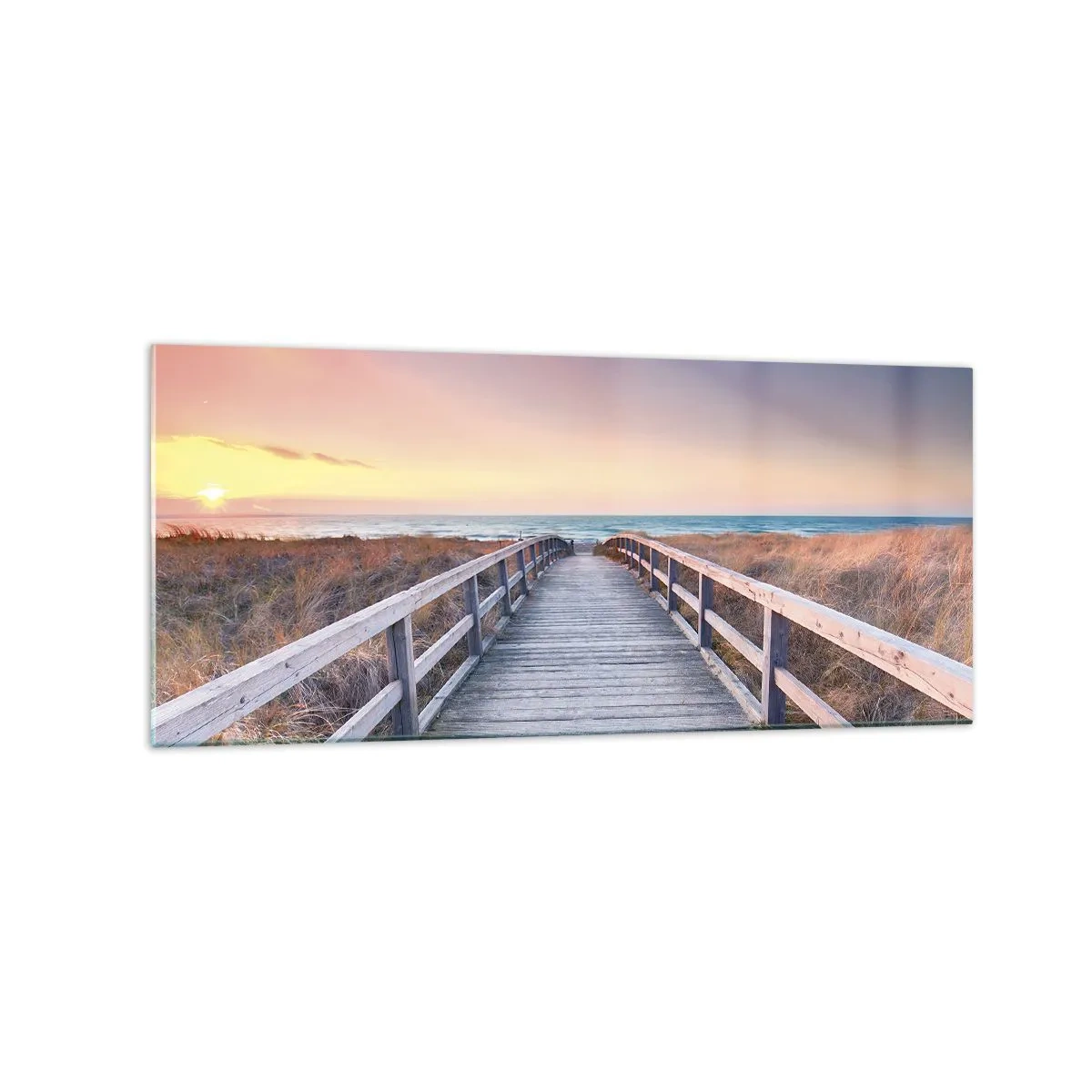 Impression sur verre - Image sur verre - Une jetée en bois menant à la plage au coucher du soleil avec le ciel peint de couleurs pastel. - 120x50cm - Aurore baltique du soir - Décoration murale moderne pour le salon et la chambre ARTTOR