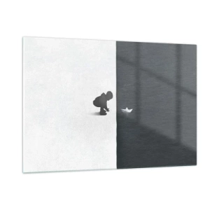 Impression sur verre - Image sur verre - Silhouette d'un enfant lançant un bateau en papier dans l'eau - 120x80cm - Grande expédition - Décoration murale moderne pour le salon et la chambre ARTTOR
