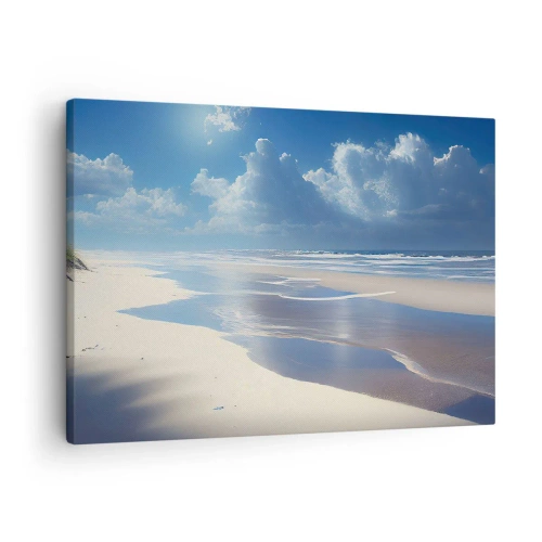 Impression sur toile - Image sur toile - Une plage de sable avec des vagues sous un ciel bleu - 70x50cm - Des vacances paradisiaques - Décoration murale moderne pour le salon et la chambre ARTTOR