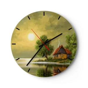 Horloge murale - Pendule murale - Un charmant chalet au bord du lac entouré de verdure au coucher du soleil - 30x30cm - Beau, comme une image - Décoration murale moderne pour le salon, la cuisine et la chambre ARTTOR