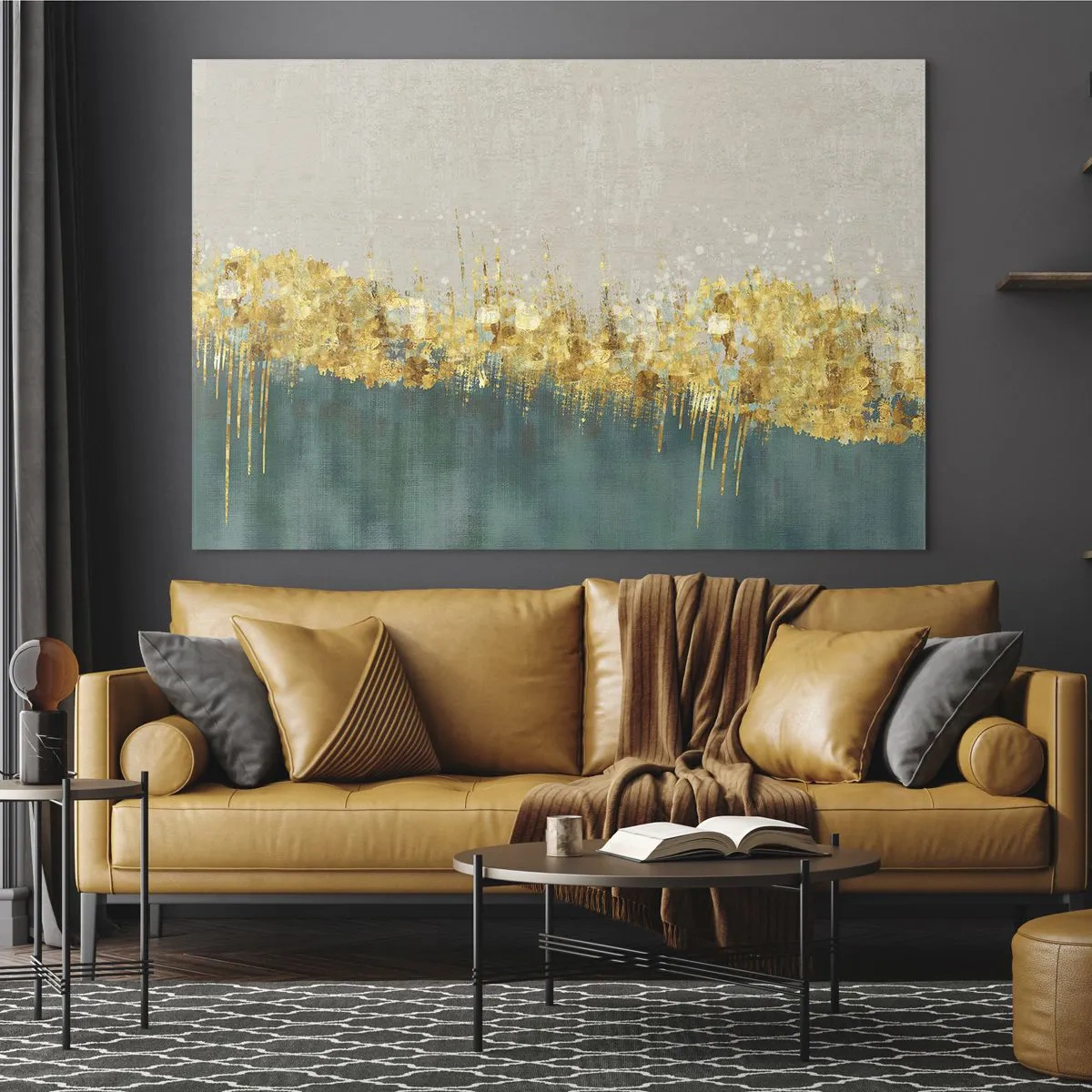 Impression sur verre - Image sur verre - Les accents dorés créent une frontière entre le beige et le vert bouteille - 120x80cm - La frontière dorée - Décoration murale moderne pour le salon et la chambre ARTTOR