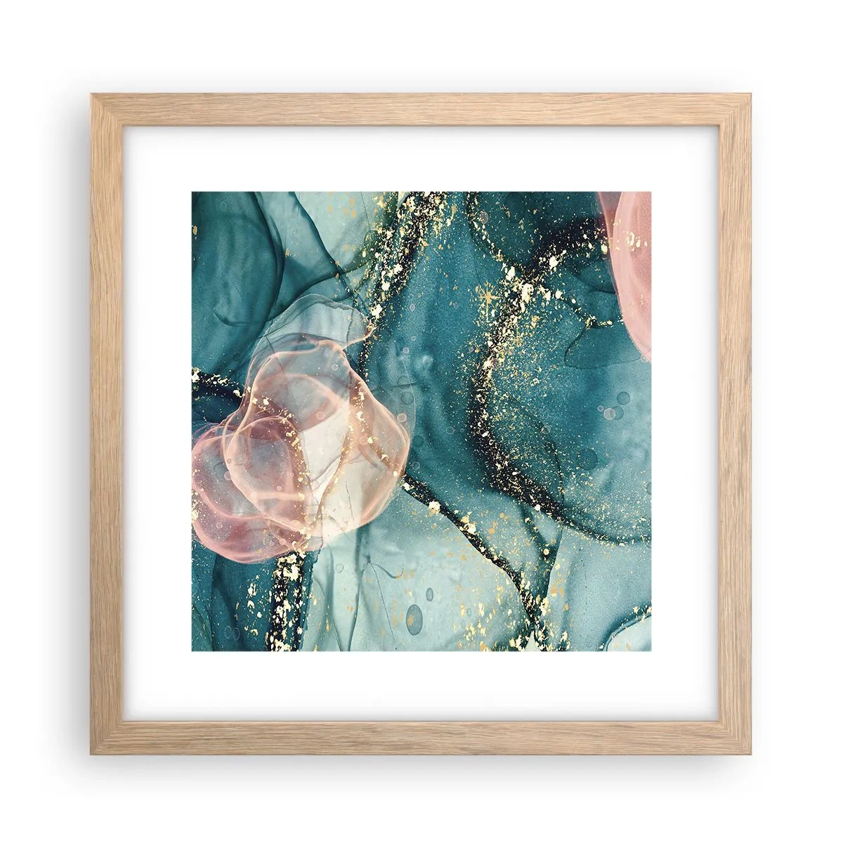 Affiche dans un chêne clair - Poster - Soie bleu, tulle rose - 30x30 cm