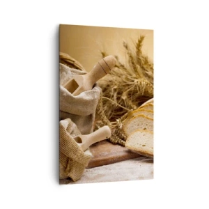 Impression sur toile - Image sur toile - Un paysage avec du pain, de la farine et des épis de blé dans un style rustique. - 80x120cm - Comment il coupe avec un couteau - Décoration murale moderne pour le salon et la chambre ARTTOR