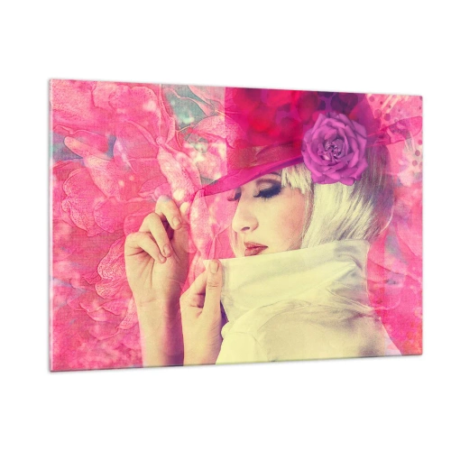Impression sur verre - Image sur verre - Illustration d'une femme avec un chapeau rose et une fleur en arrière-plan - 120x80cm - Portrait rétro dans une brume rose - Décoration murale moderne pour le salon et la chambre ARTTOR