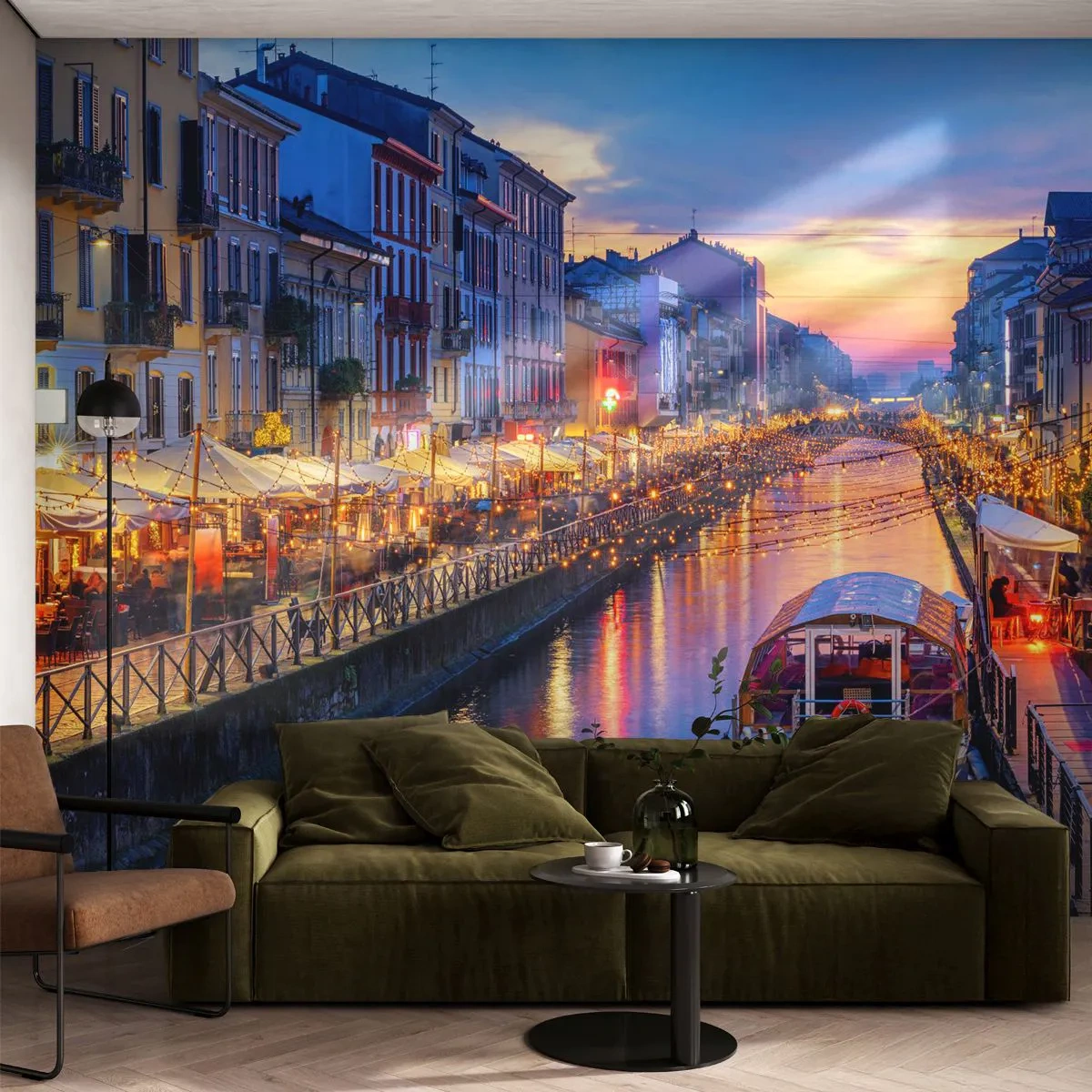 Papier Peint Photo Premium Sand - Une vue charmante sur le canal - 100x70cm - Soirée de lumière et de jeu - Décoration murale moderne pour le salon et la chambre ARTTOR