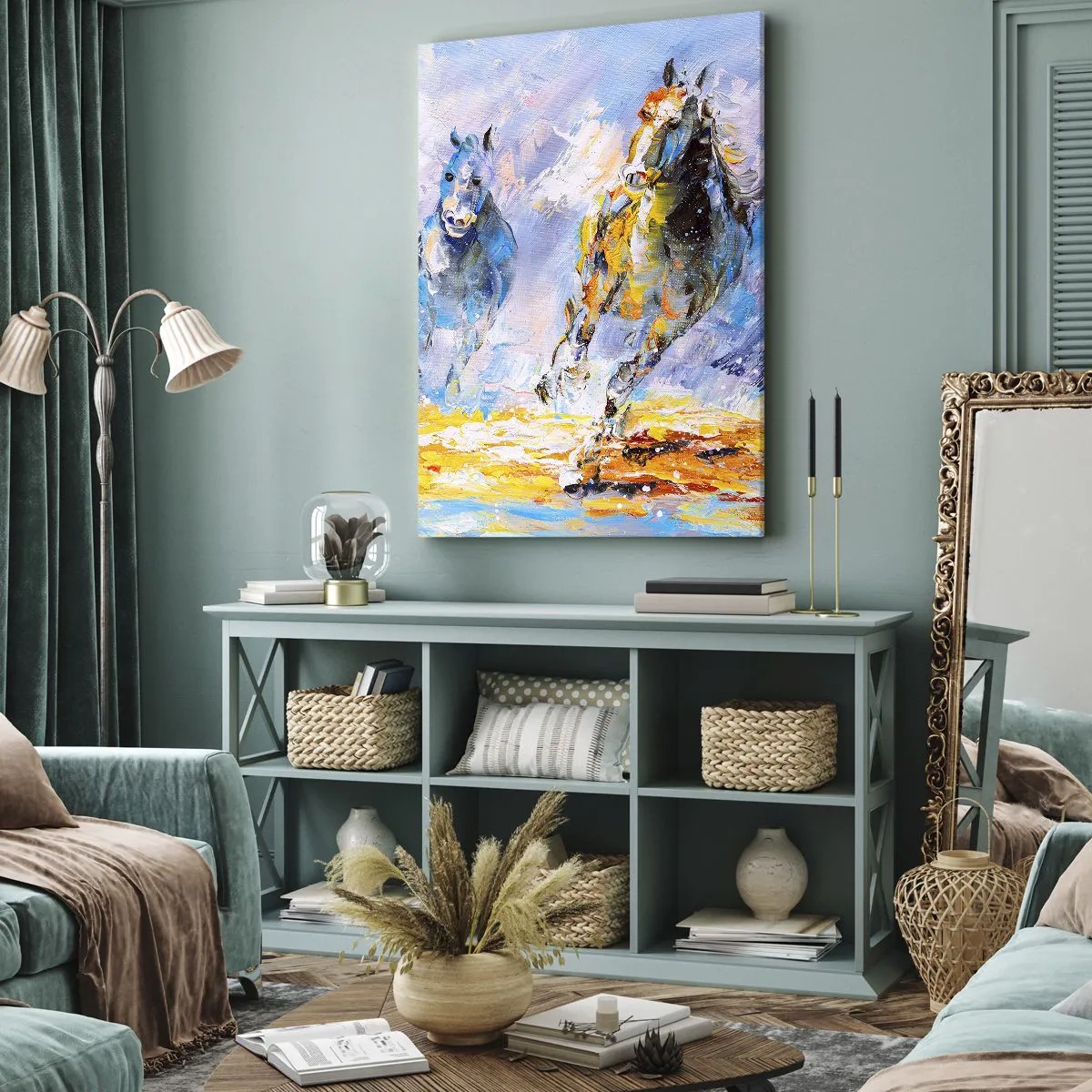 Impression sur toile - Image sur toile - Deux chevaux en mouvement sur fond de paysage abstrait - 70x100cm - À travers l'éblouissement du galop - Décoration murale moderne pour le salon et la chambre ARTTOR
