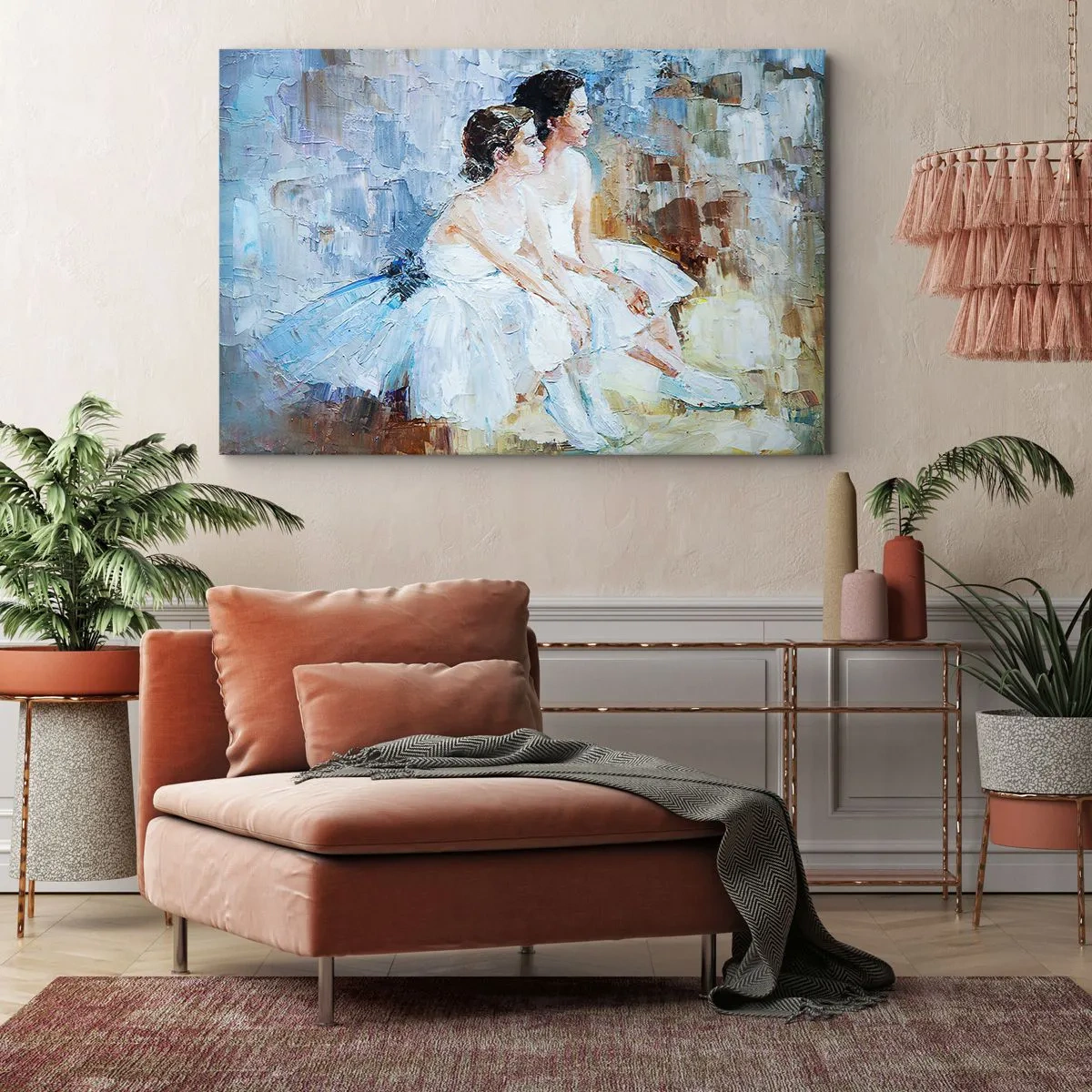 Impression sur toile - Image sur toile - Deux ballerines en tenue blanche se détendent sur un fond pastel. - 70x50cm - Reste de jeunes cygnes - Décoration murale moderne pour le salon et la chambre ARTTOR