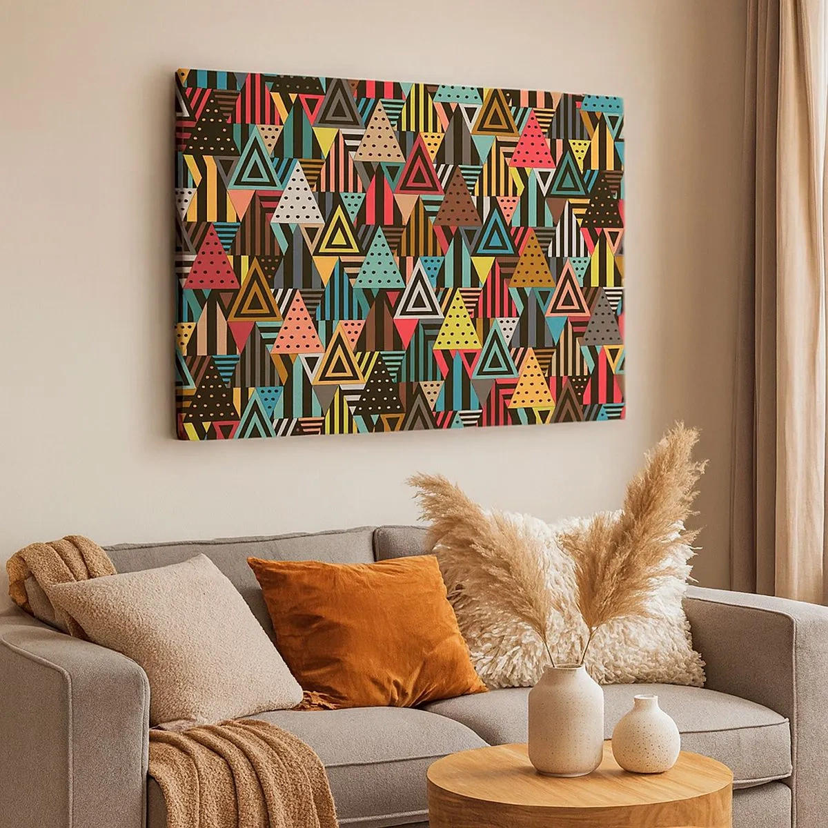 Impression sur toile - Image sur toile - Motif géométrique coloré avec des triangles et des lignes - 70x50cm - En rythme de trois - Décoration murale moderne pour le salon et la chambre ARTTOR