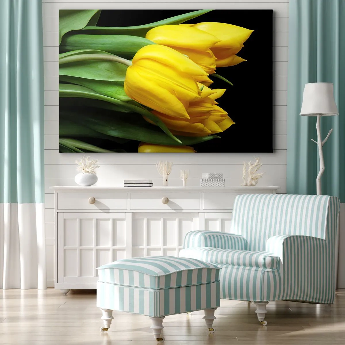 Impression sur toile - Image sur toile - Un bouquet de tulipes jaunes sur fond noir - 70x50cm - Lever de soleil pur - Décoration murale moderne pour le salon et la chambre ARTTOR