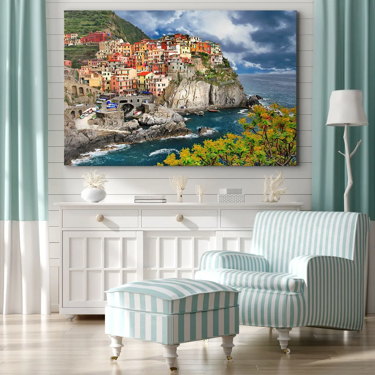 Impression sur toile - Image sur toile - Maisons colorées sur une falaise surplombant la mer aux Cinque Terre - 100x70cm - Un groupe embrassant les rochers - Décoration murale moderne pour le salon et la chambre ARTTOR