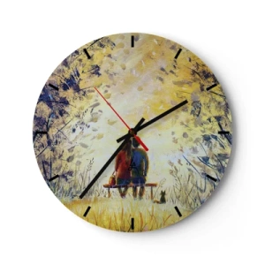 Horloge murale - Pendule murale - Un couple assis sur un banc dans la lumière dorée de la nature - 30x30cm - Moment magique - Décoration murale moderne pour le salon, la cuisine et la chambre ARTTOR