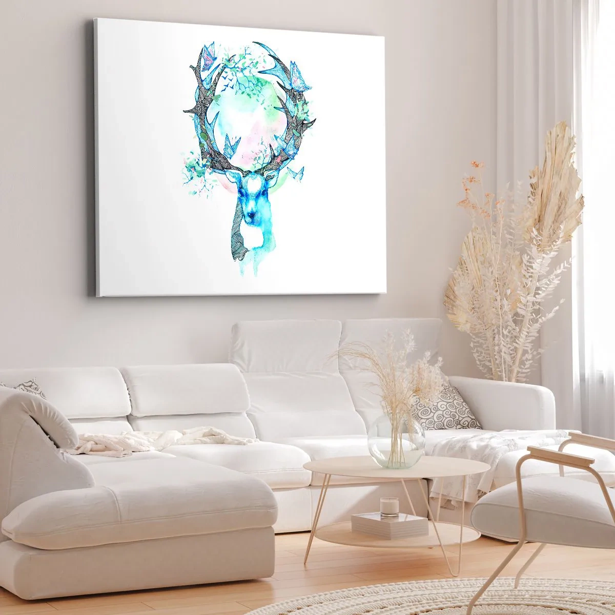 Impression sur toile - Image sur toile - Un graphique de cerf fantaisiste avec un motif de nature et de papillon - 70x50cm - La force et la délicatesse de la nature - Décoration murale moderne pour le salon et la chambre ARTTOR