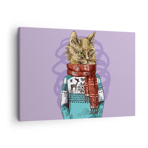 Impression sur toile - Image sur toile - Un chat en pull et écharpe sur fond violet - 70x50cm - Le chat, pas uniquement dans les chaussures - Décoration murale moderne pour le salon et la chambre ARTTOR