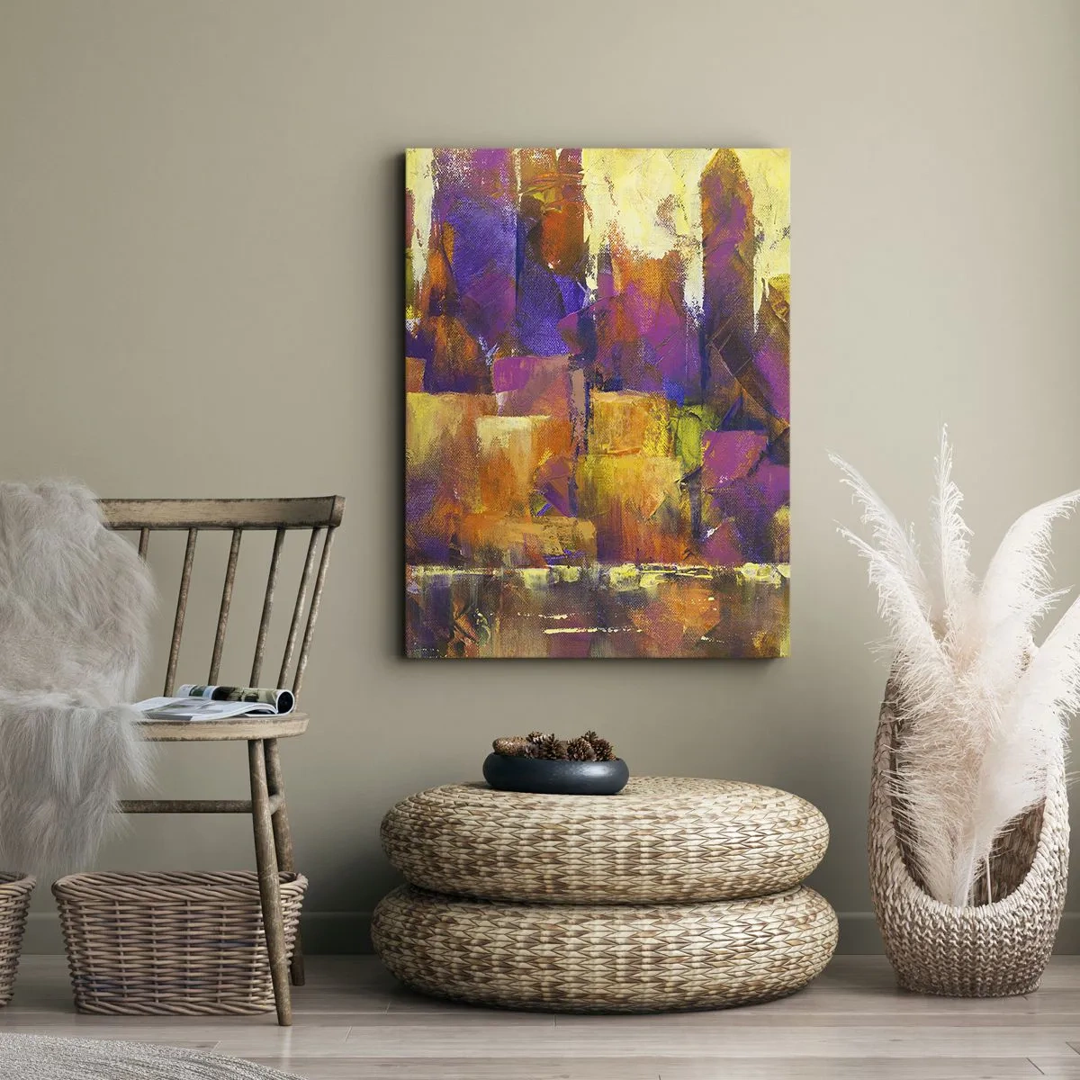 Impression sur toile - Image sur toile - Composition abstraite d'une métropole dans les tons jaune et violet - 50x70cm - Composition métropolitaine - Décoration murale moderne pour le salon et la chambre ARTTOR