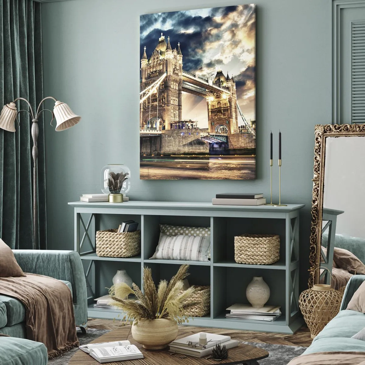 Impression sur toile - Image sur toile - Tower Bridge au crépuscule contre un ciel dynamique - 70x100cm - Monument de l'empire victorien - Décoration murale moderne pour le salon et la chambre ARTTOR