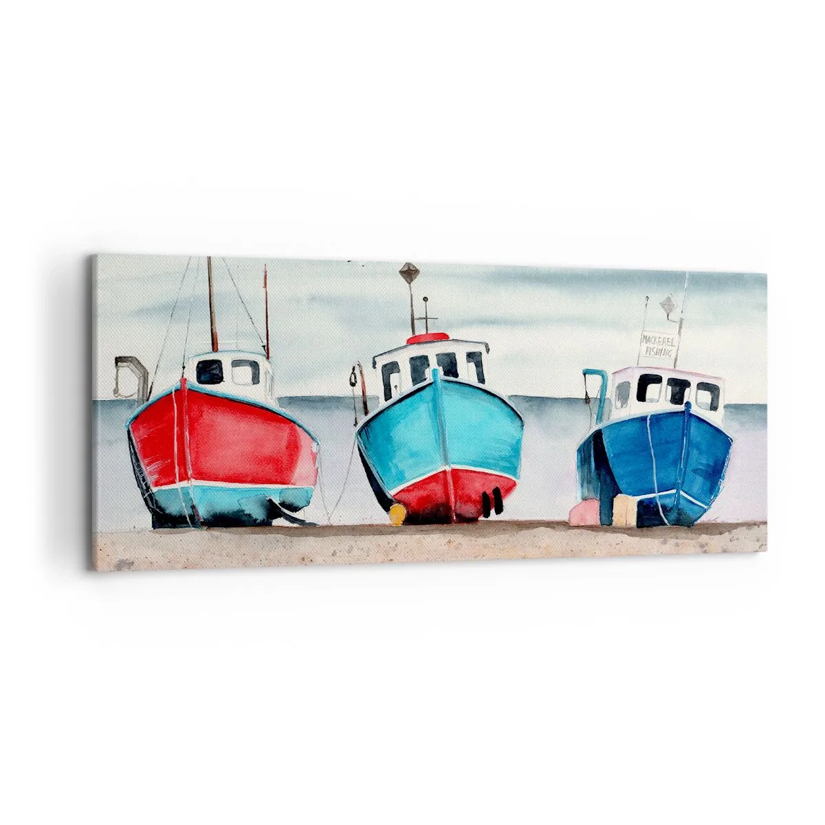 Impression sur toile - Image sur toile - Bateaux de pêche colorés sur le rivage dans un paysage marin - 120x50cm - Prêt pour la pêche - Décoration murale moderne pour le salon et la chambre ARTTOR