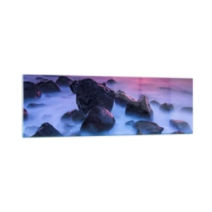 Impression sur verre - Image sur verre - Côte rocheuse au coucher du soleil - 160x50cm - Naissance dans la lumière et le brouillard - Décoration murale moderne pour le salon et la chambre ARTTOR