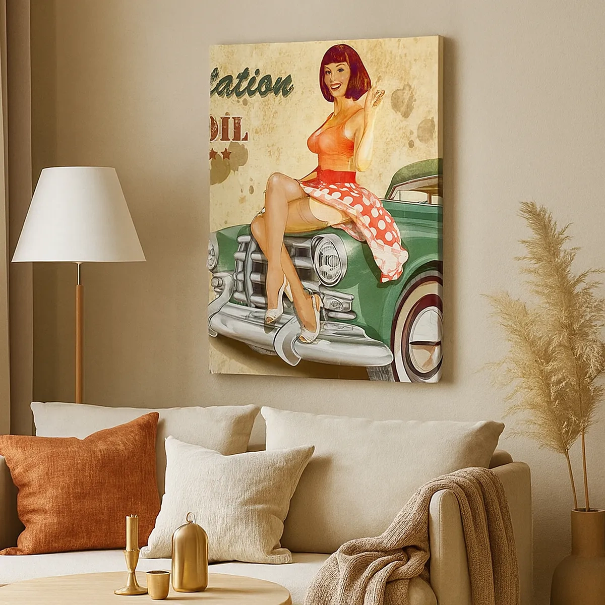 Impression sur toile - Image sur toile - Affiche rétro de la Route 66 avec une pin-up et une voiture - 50x70cm - Les superbes années 40. - Décoration murale moderne pour le salon et la chambre ARTTOR