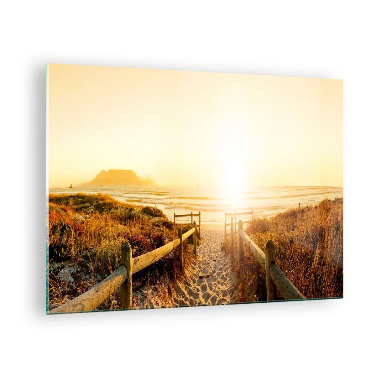 Impression sur verre - Image sur verre - Chemin sur la dune menant à la plage au coucher du soleil - 70x50cm - A travers la dune, vers le soleil - Décoration murale moderne pour le salon et la chambre ARTTOR