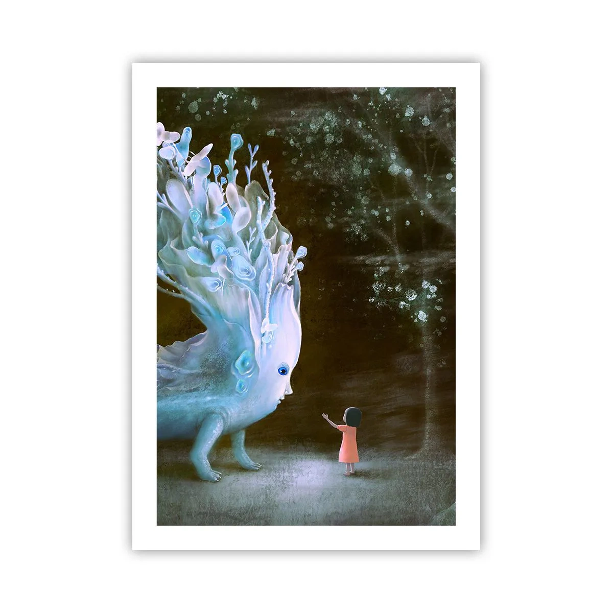 Affiche - Poster - Une fille dans la forêt rencontre une créature magique dans un environnement lumineux. - 50x70cm - Une rencontre fantastique - Décoration murale moderne pour le salon et la chambre ARTTOR