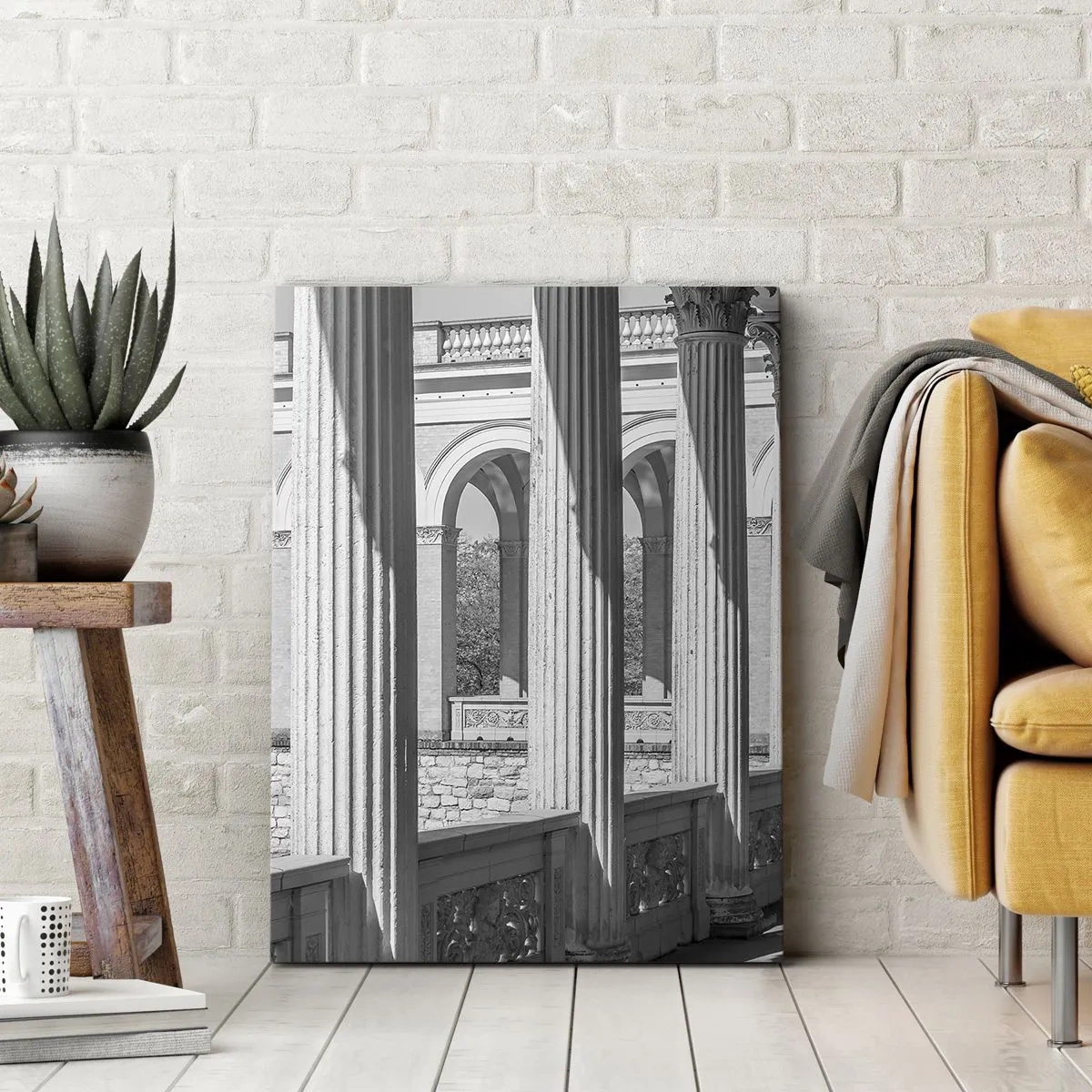 Impression sur toile - Image sur toile - Colonnade de style classique en noir et blanc - 50x70cm - Arcade ensoleillée - Décoration murale moderne pour le salon et la chambre ARTTOR