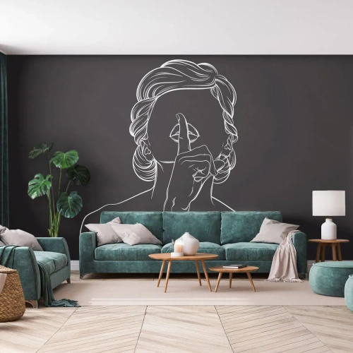 Papier Peint Photo Standard Eco - Dessin au contour d'une femme sur fond noir faisant un geste de silence - 100x70cm - La beauté s'épanouit en silence - Décoration murale moderne pour le salon et la chambre ARTTOR