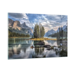 Impression sur verre - Image sur verre - Un lac pittoresque avec une île et des montagnes en arrière-plan - 120x80cm - Sous les grandes eaux claires - Décoration murale moderne pour le salon et la chambre ARTTOR