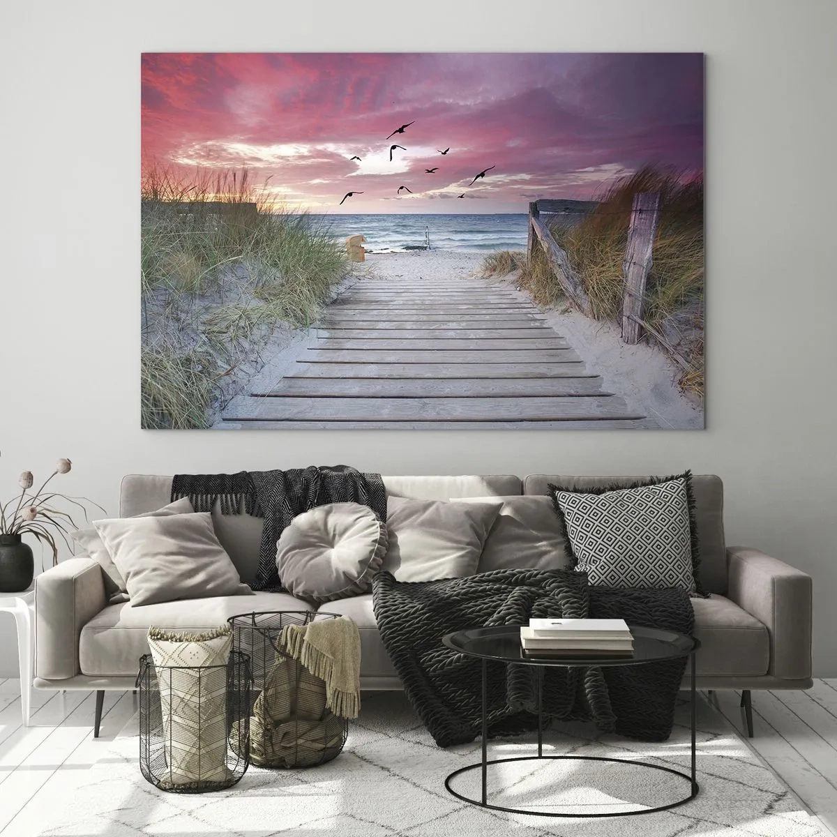Impression sur verre - Image sur verre - Chemin vers la plage au coucher du soleil avec des oiseaux qui volent - 70x50cm - Impression de la Baltique - Décoration murale moderne pour le salon et la chambre ARTTOR