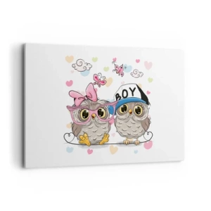 Impression sur toile - Image sur toile - Deux adorables hiboux entourés de cœurs - 120x80cm - On s'aime! - Décoration murale moderne pour le salon et la chambre ARTTOR