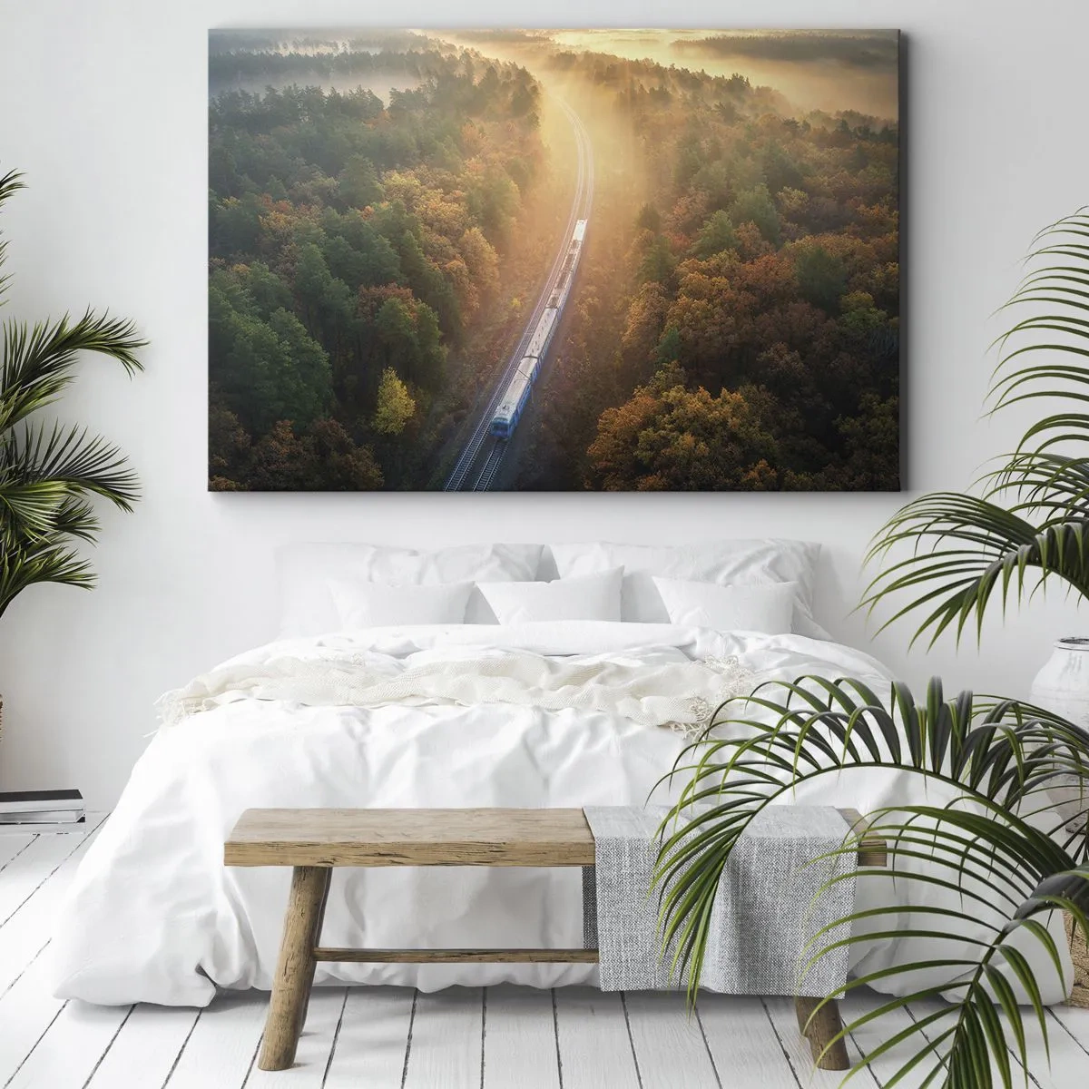 Impression sur toile - Image sur toile - Un train dans une forêt d'automne à l'aube - 70x50cm - Voyage printannier - Décoration murale moderne pour le salon et la chambre ARTTOR