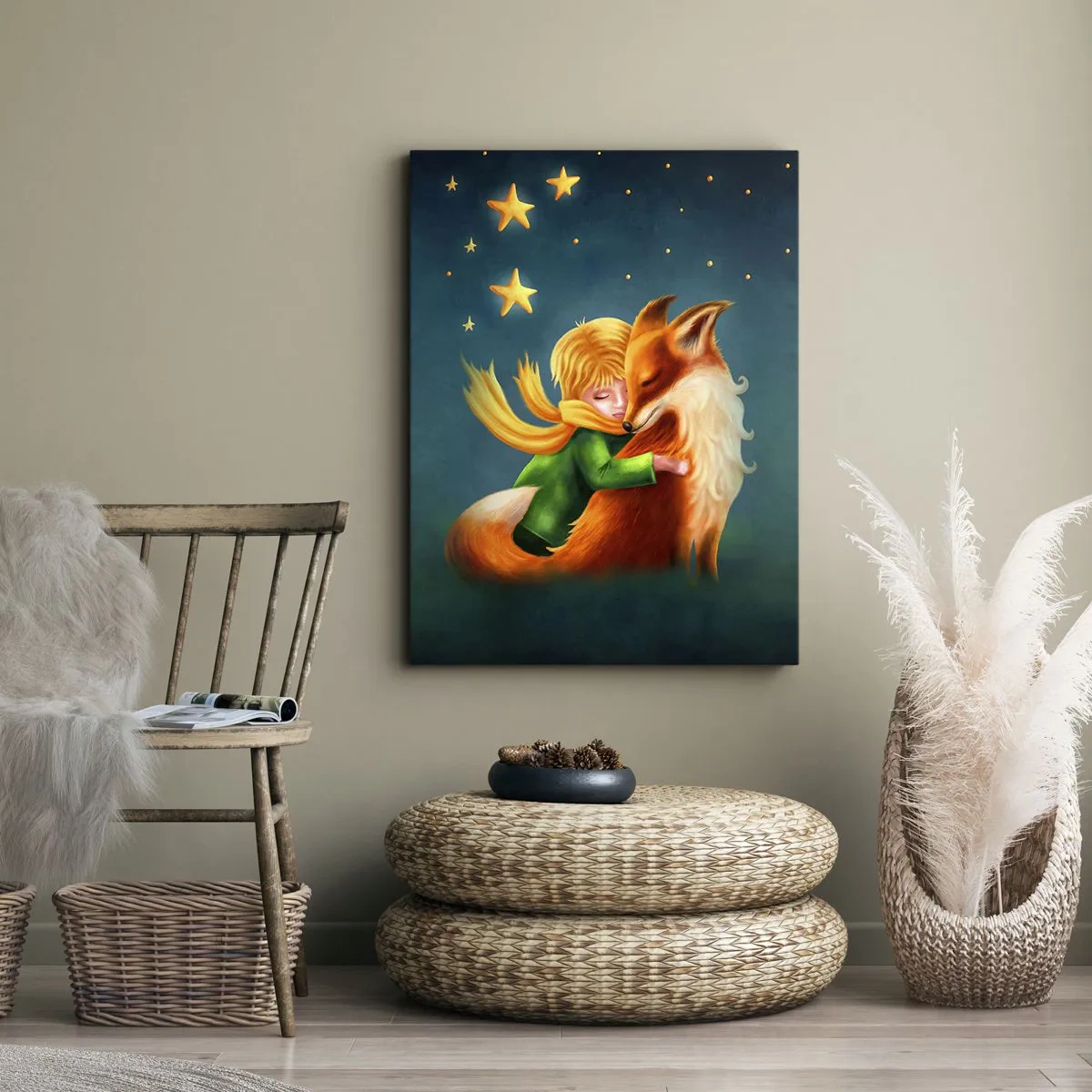 Impression sur toile - Image sur toile - Un garçon avec un renard dans un décor magique avec des étoiles - 50x70cm - Petit Prince - Décoration murale moderne pour le salon et la chambre ARTTOR