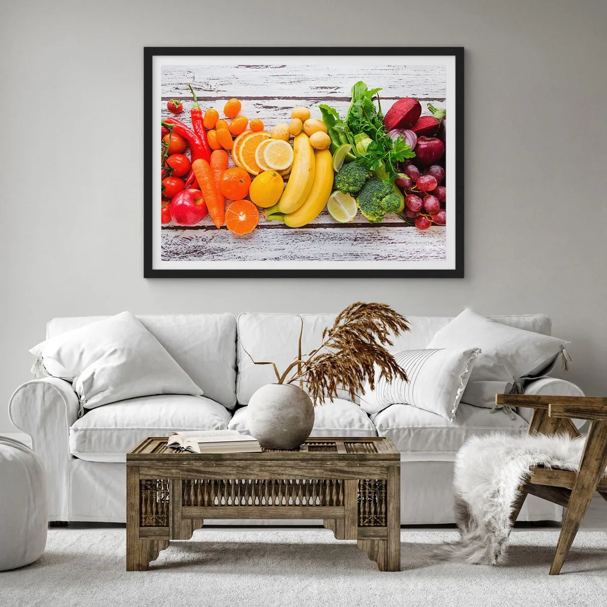 Affiche dans un cadre noir - Poster - Fruits et légumes colorés sur fond de bois - 100x70cm - Ce n'est pas suffisant? - Décoration murale moderne pour le salon et la chambre ARTTOR